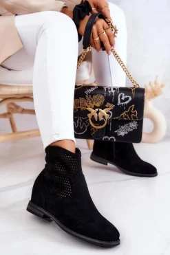Best Zamszowe Damskie Botki Ukryty Koturn Czarne Solene Damskie Botki Wiosenne|Botki Na Koturnie