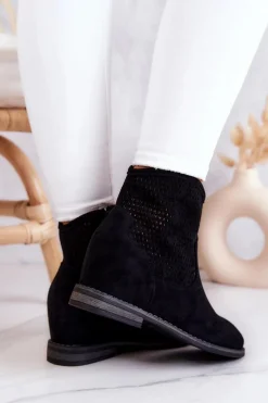 Best Zamszowe Damskie Botki Ukryty Koturn Czarne Solene Damskie Botki Wiosenne|Botki Na Koturnie