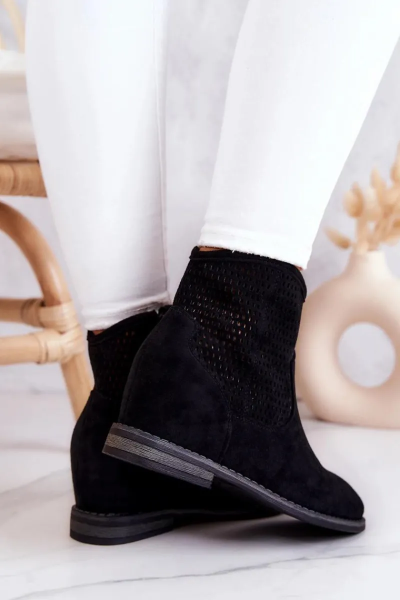 Best Zamszowe Damskie Botki Ukryty Koturn Czarne Solene Damskie Botki Wiosenne|Botki Na Koturnie