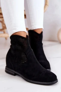 Best Zamszowe Damskie Botki Ukryty Koturn Czarne Solene Damskie Botki Wiosenne|Botki Na Koturnie