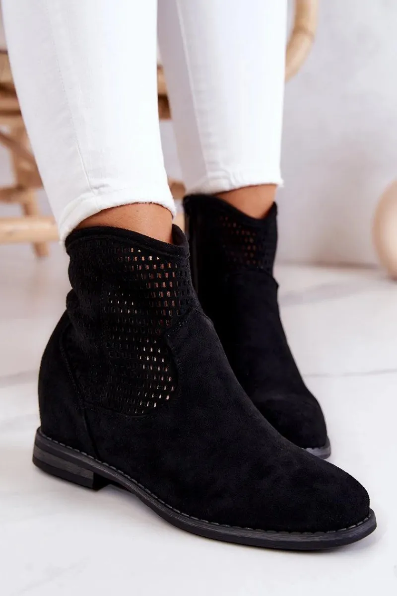 Best Zamszowe Damskie Botki Ukryty Koturn Czarne Solene Damskie Botki Wiosenne|Botki Na Koturnie