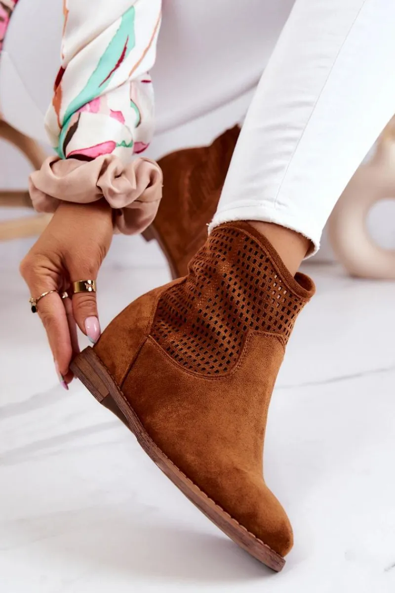 Botki Wiosenne|Botki Na Koturnie>Damskie buty S.Barski Zamszowe Damskie Botki Ukryty Koturn Camel Solene