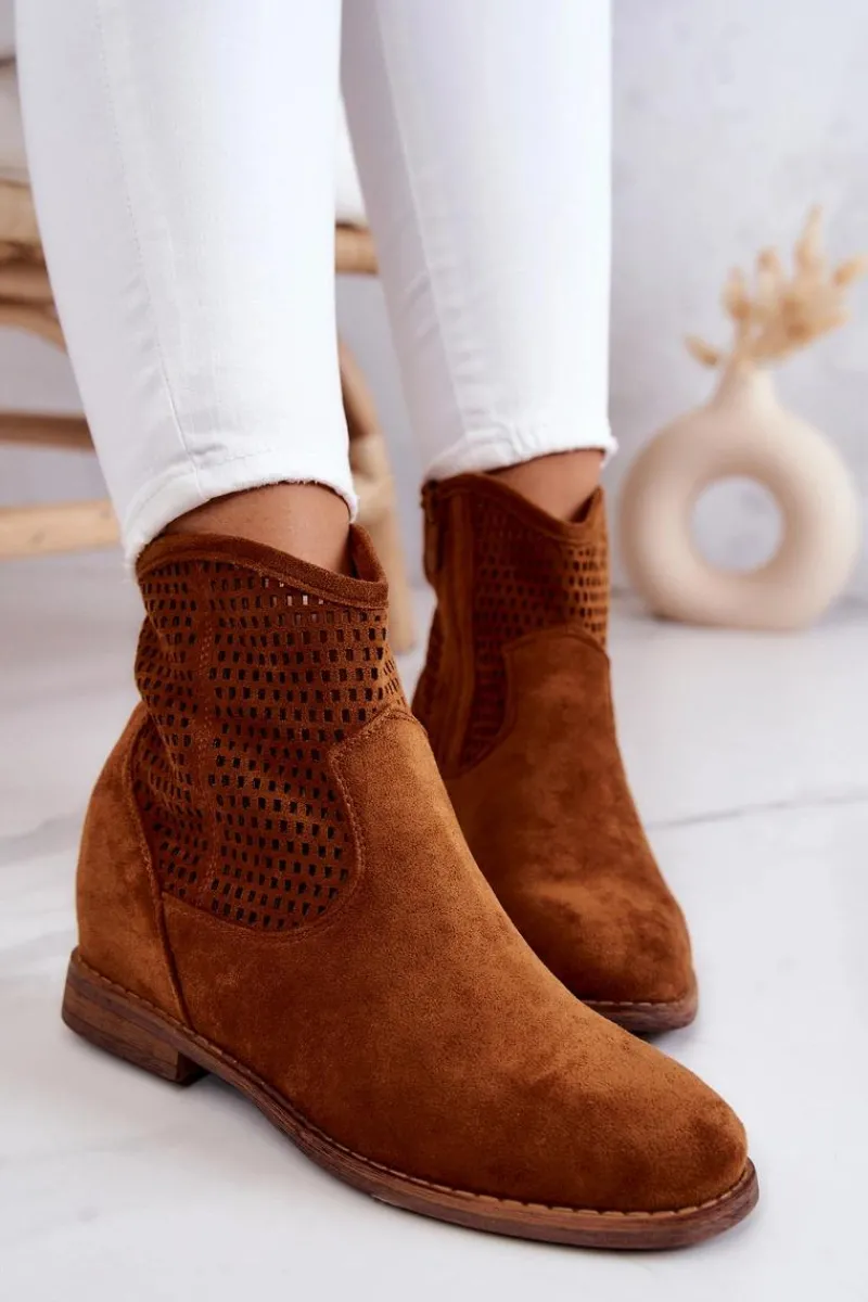 Botki Wiosenne|Botki Na Koturnie>Damskie buty S.Barski Zamszowe Damskie Botki Ukryty Koturn Camel Solene