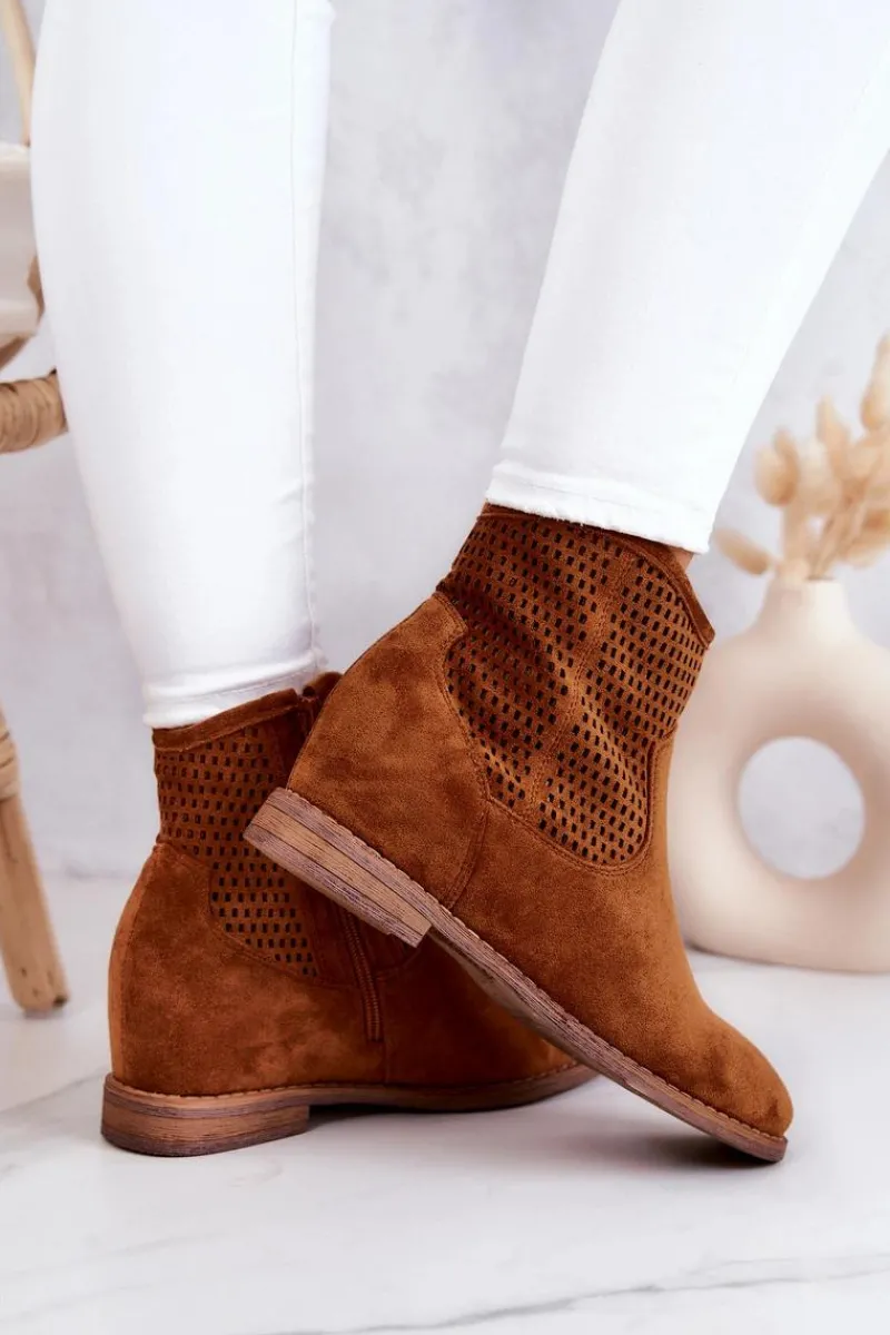 Botki Wiosenne|Botki Na Koturnie>Damskie buty S.Barski Zamszowe Damskie Botki Ukryty Koturn Camel Solene