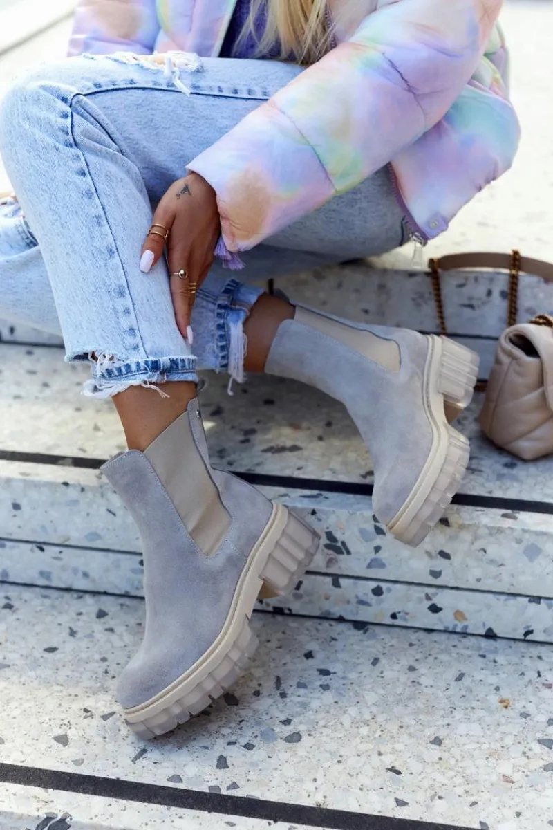 New Zamszowe Damskie Botki Workery Jasnoszare Kennel Damskie Botki Wiosenne|Brązowe I Beżowe Botki