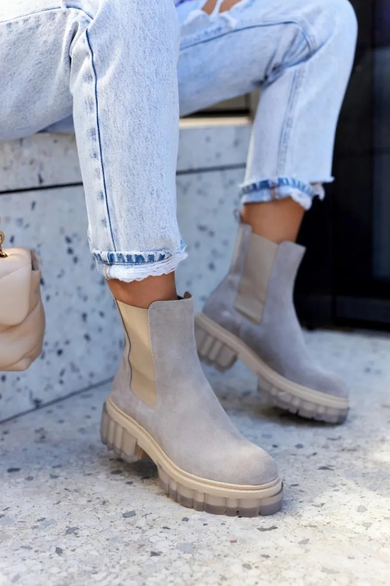 New Zamszowe Damskie Botki Workery Jasnoszare Kennel Damskie Botki Wiosenne|Brązowe I Beżowe Botki