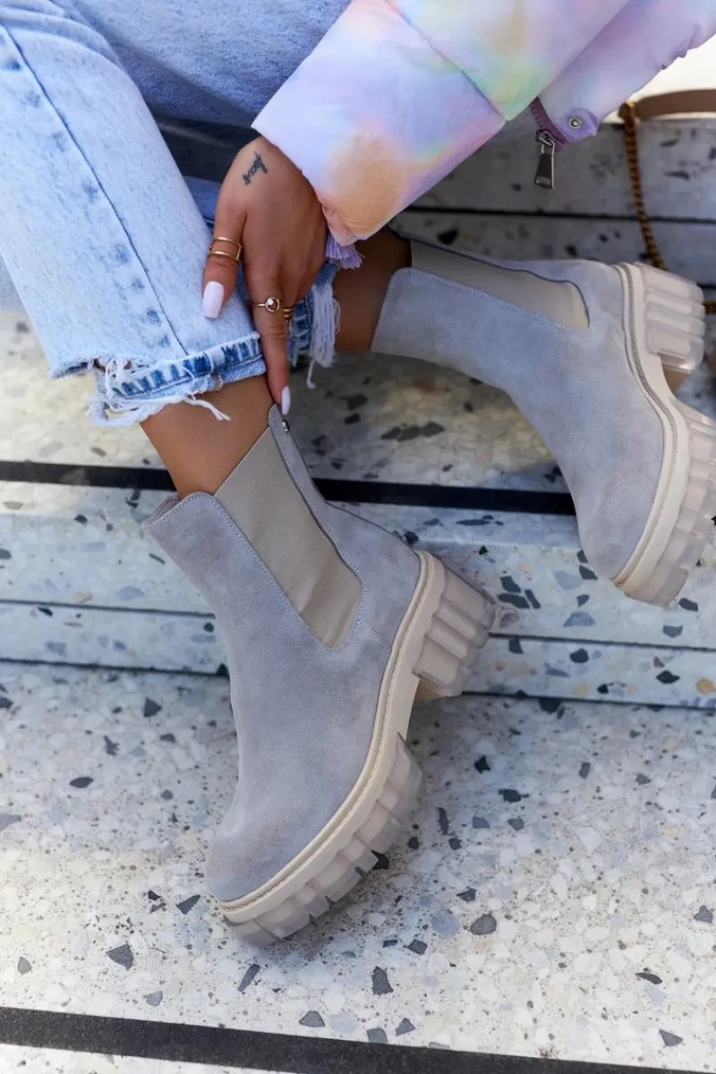 New Zamszowe Damskie Botki Workery Jasnoszare Kennel Damskie Botki Wiosenne|Brązowe I Beżowe Botki