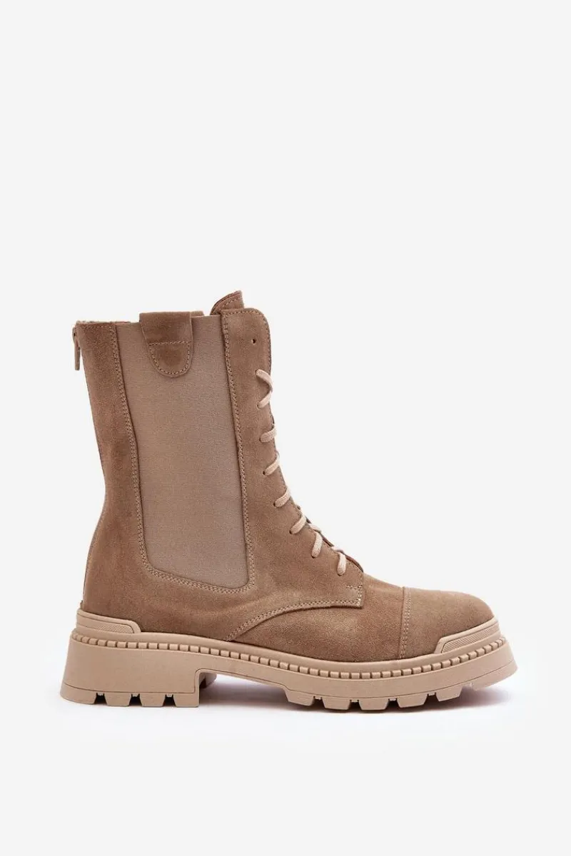 Clearance Boto Zamszowe Damskie Botki Workery Sznurowane Beżowe Nicole 2836 Beżowy