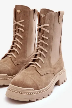 Clearance Boto Zamszowe Damskie Botki Workery Sznurowane Beżowe Nicole 2836 Beżowy