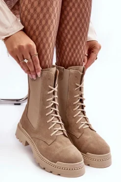 Clearance Boto Zamszowe Damskie Botki Workery Sznurowane Beżowe Nicole 2836 Beżowy