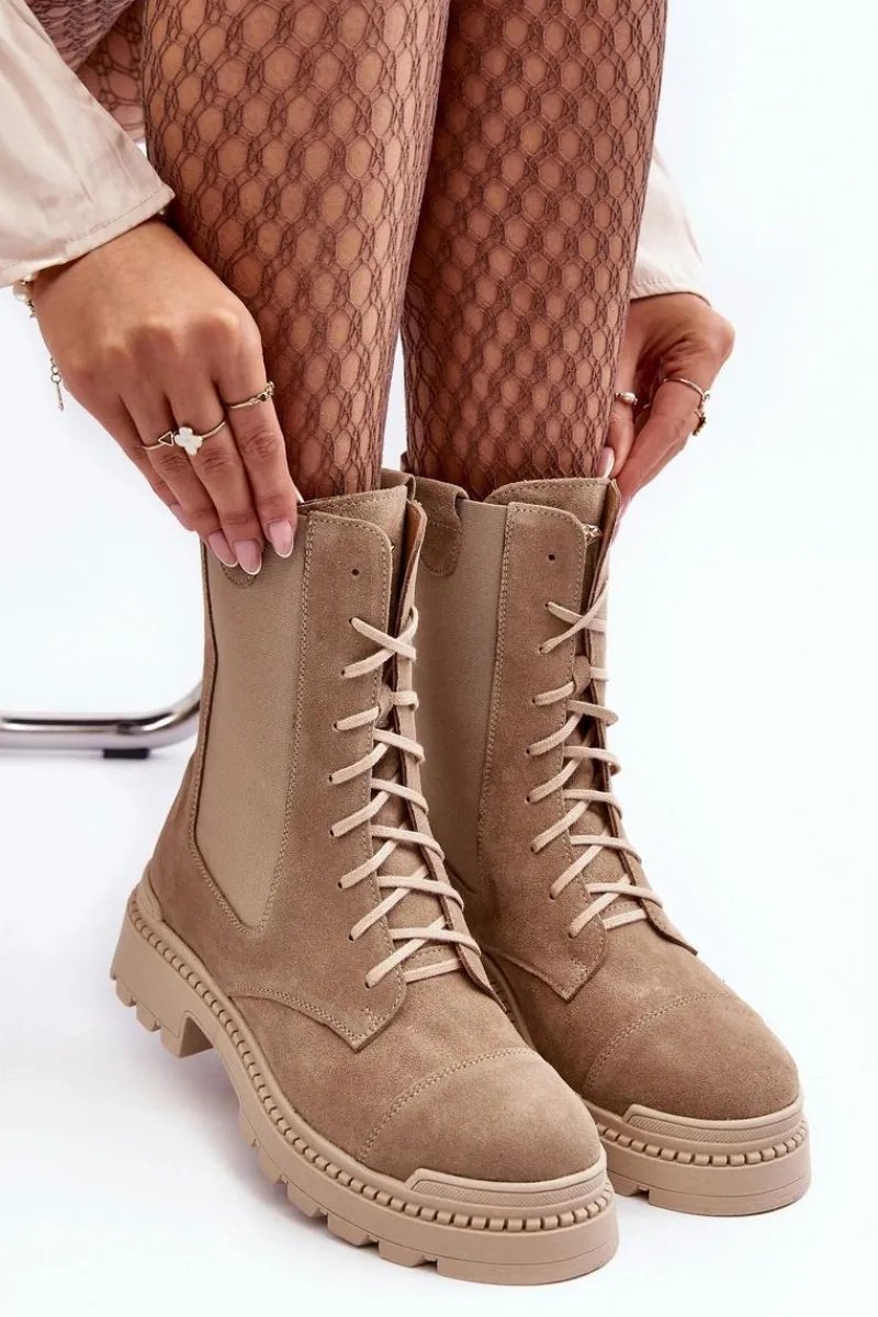 Clearance Boto Zamszowe Damskie Botki Workery Sznurowane Beżowe Nicole 2836 Beżowy