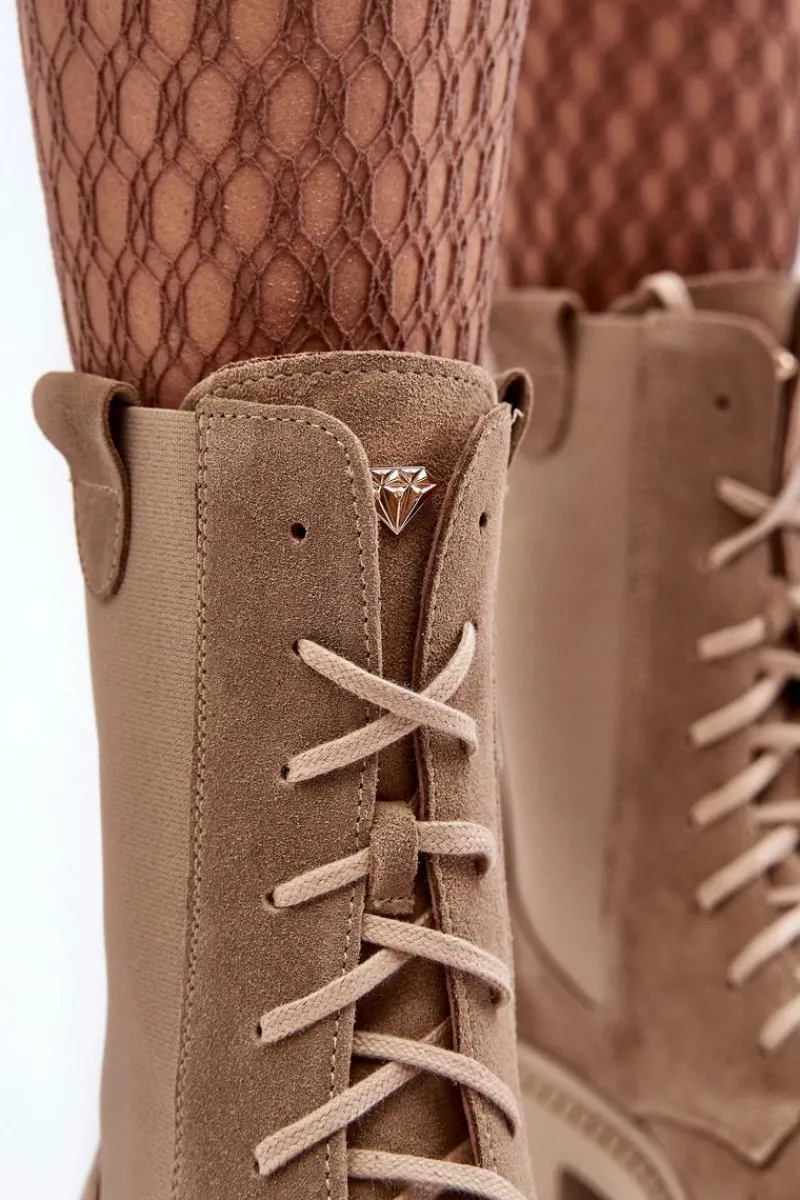 Clearance Boto Zamszowe Damskie Botki Workery Sznurowane Beżowe Nicole 2836 Beżowy