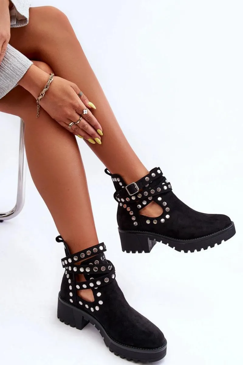 New Zamszowe Damskie Botki Z Ozdobnymi Ćwiekami Czarne Bella Damskie Botki Wiosenne|Czarne Botki