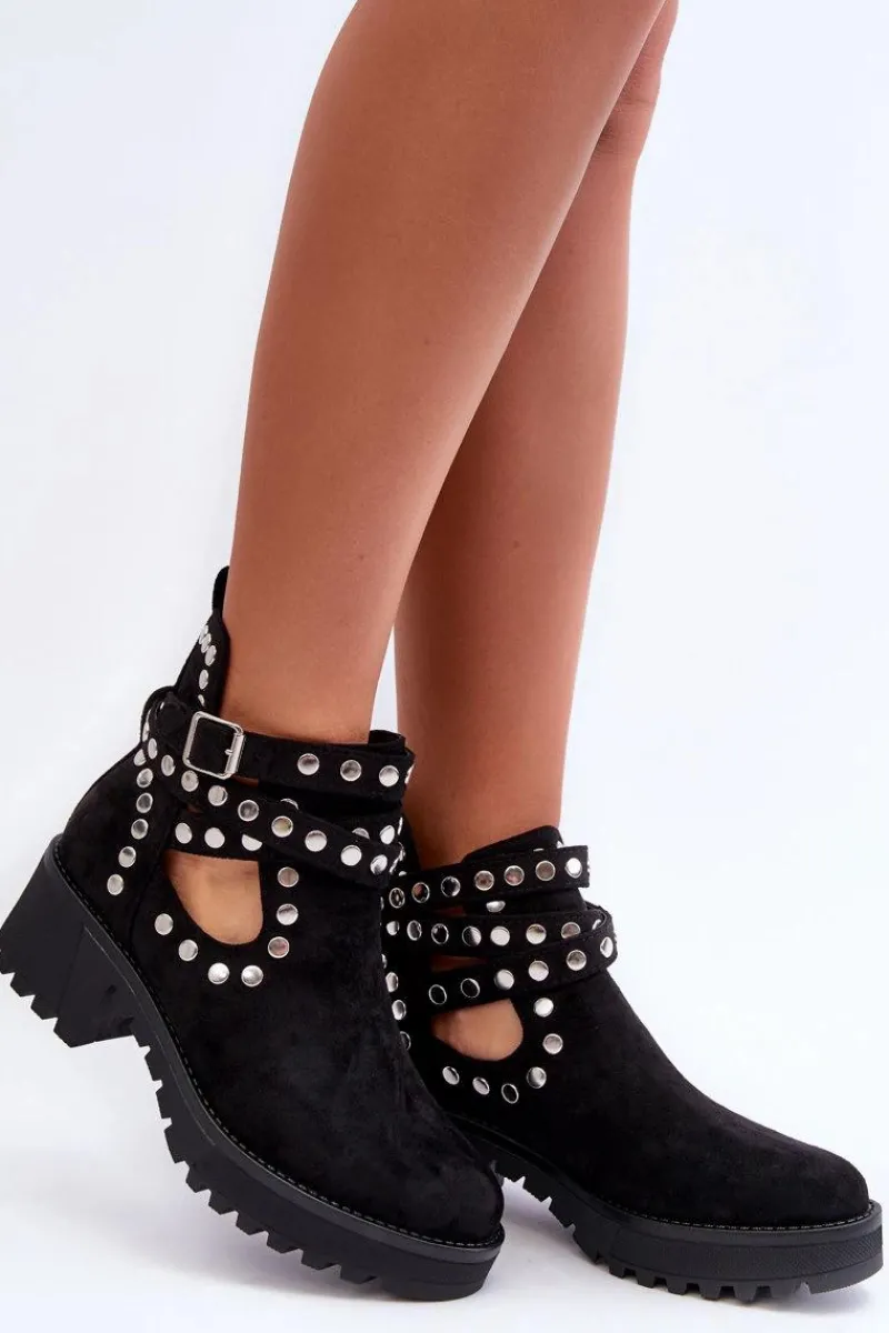 New Zamszowe Damskie Botki Z Ozdobnymi Ćwiekami Czarne Bella Damskie Botki Wiosenne|Czarne Botki