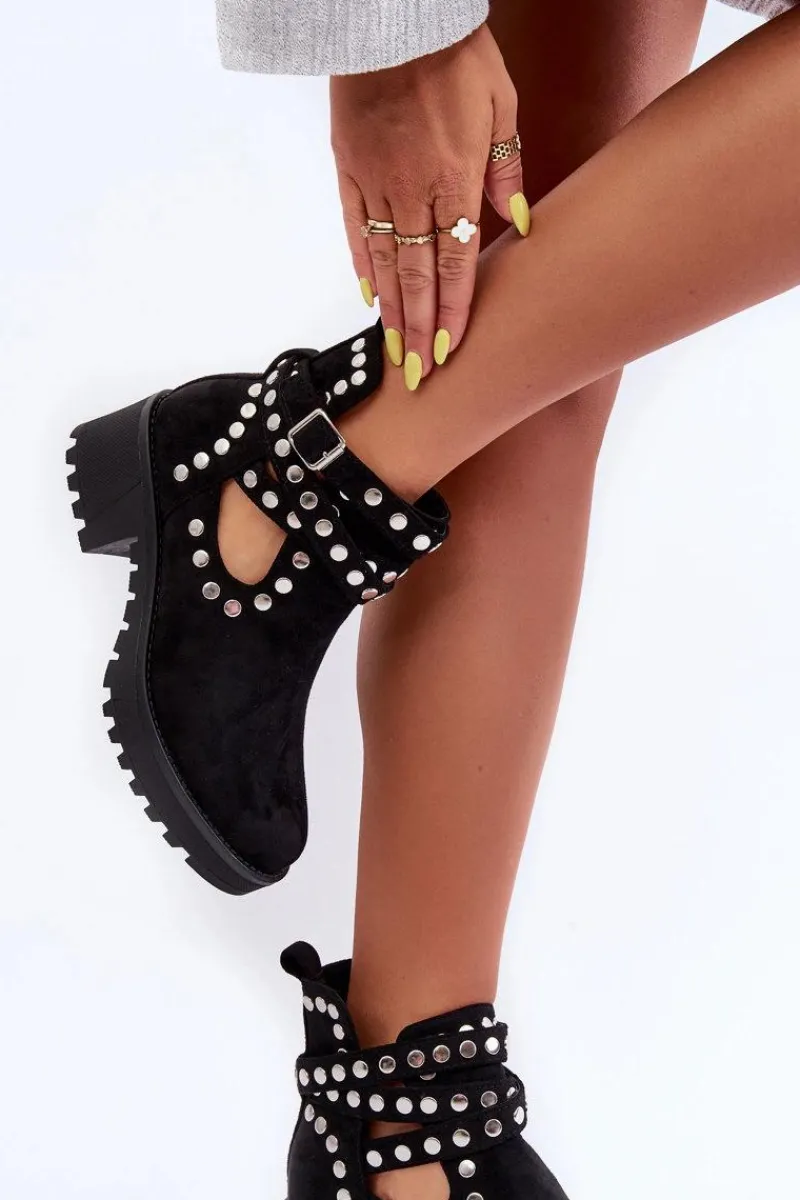 New Zamszowe Damskie Botki Z Ozdobnymi Ćwiekami Czarne Bella Damskie Botki Wiosenne|Czarne Botki