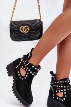 New Zamszowe Damskie Botki Z Ozdobnymi Ćwiekami Czarne Bella Damskie Botki Wiosenne|Czarne Botki