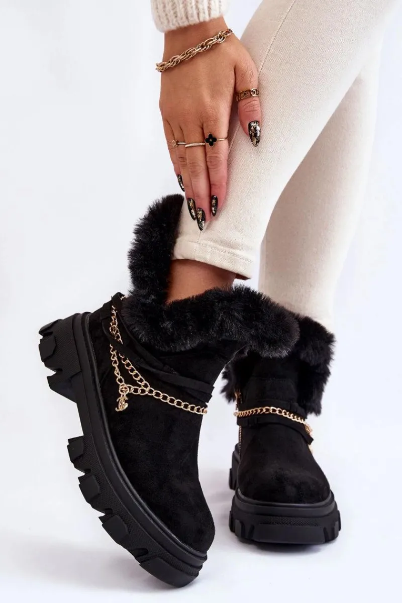 Best Boto Zamszowe Damskie Botki Z Ozdobnym Łańcuchem Czarne Respecto