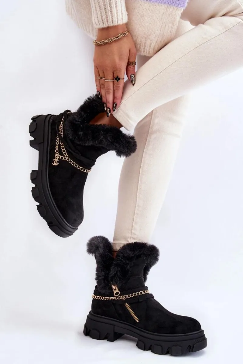 Best Boto Zamszowe Damskie Botki Z Ozdobnym Łańcuchem Czarne Respecto