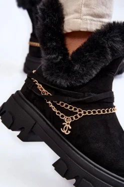 Best Boto Zamszowe Damskie Botki Z Ozdobnym Łańcuchem Czarne Respecto