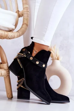 Clearance Zamszowe Damskie Botki Z Łańcuszkami Czarne Tracy Damskie Botki Wiosenne|Botki Na Słupku
