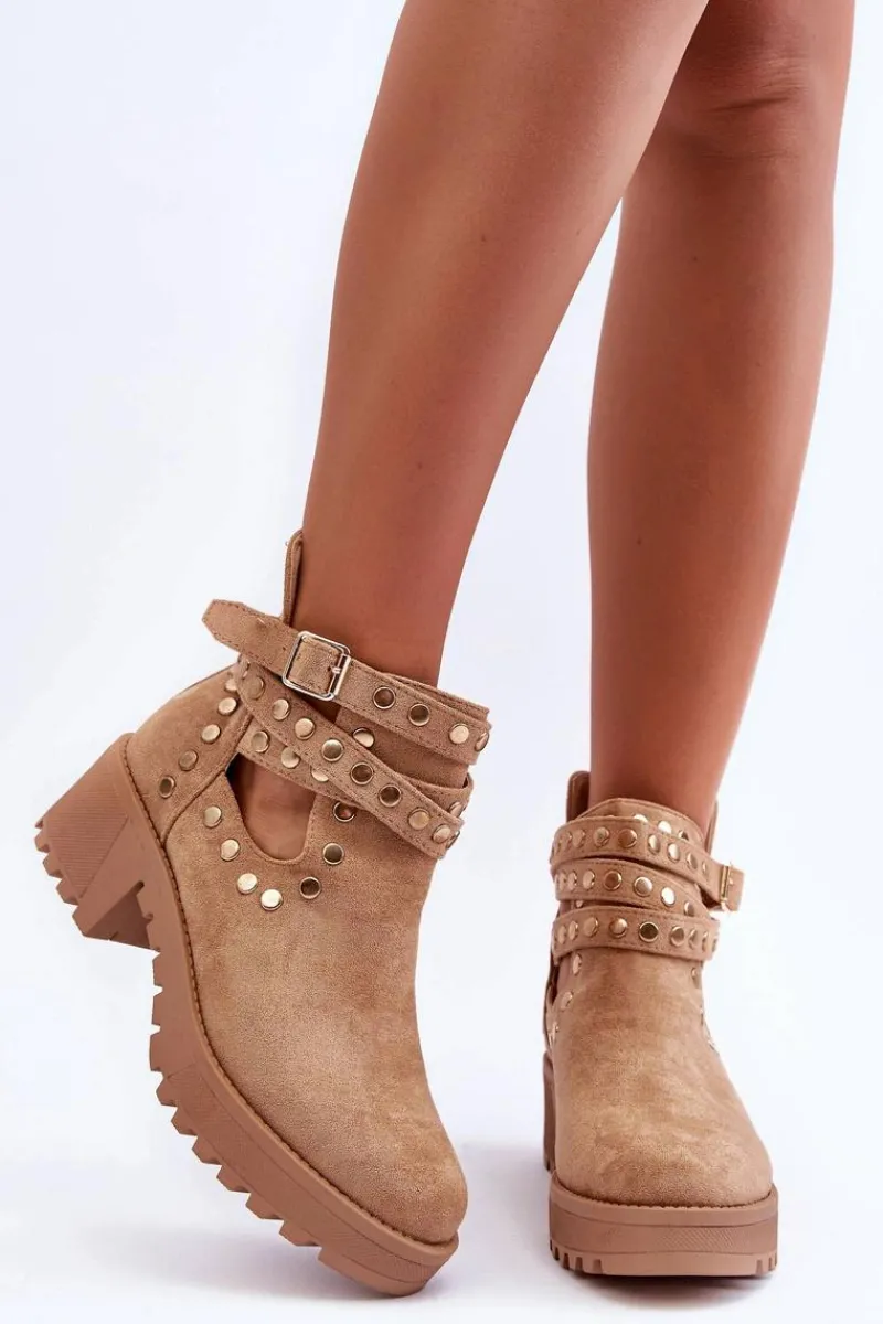 Botki Wiosenne|Brązowe I Beżowe Botki>Boto Zamszowe Damskie Botki Z Ozdobnymi Ćwiekami Beżowe Bella