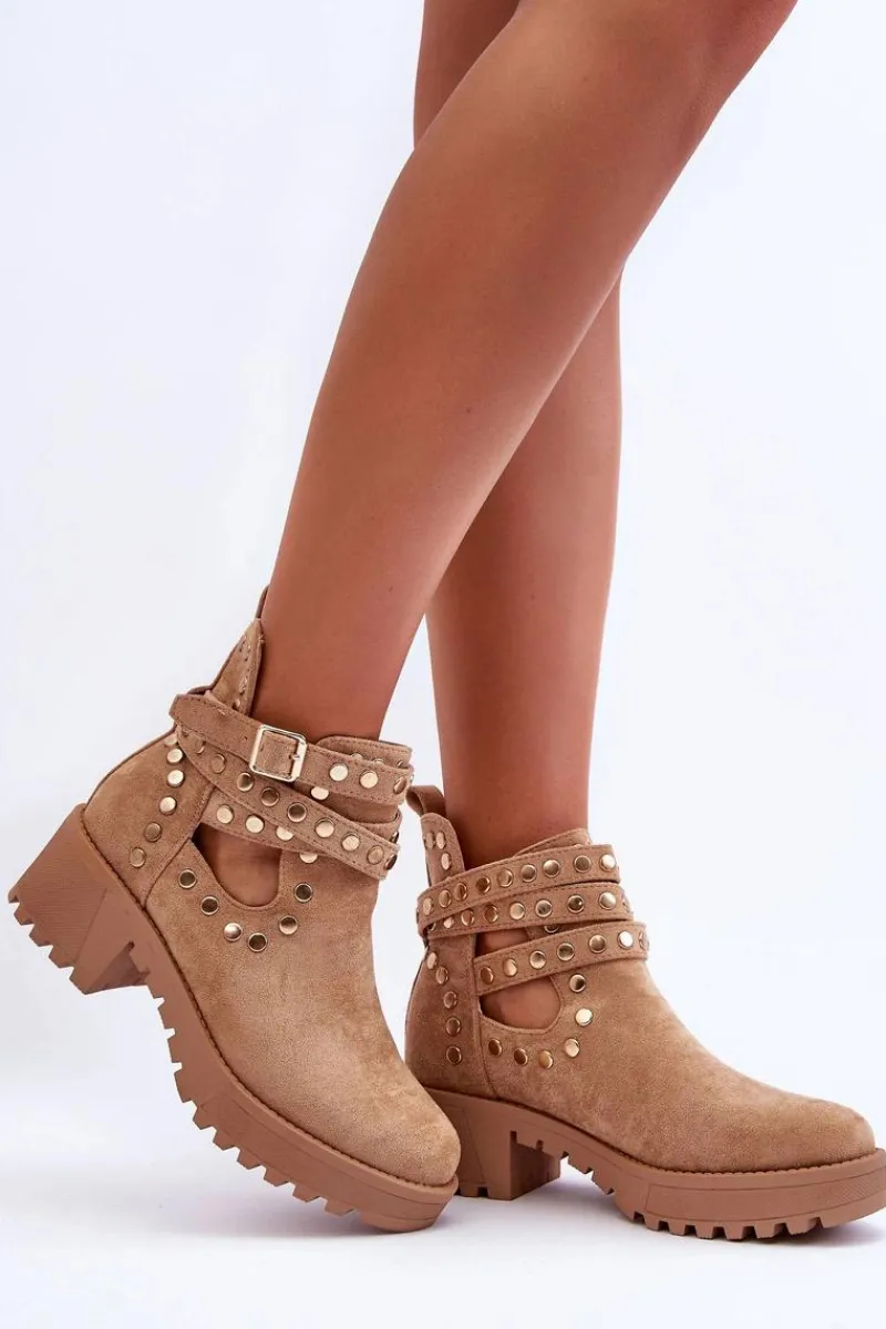 Botki Wiosenne|Brązowe I Beżowe Botki>Boto Zamszowe Damskie Botki Z Ozdobnymi Ćwiekami Beżowe Bella
