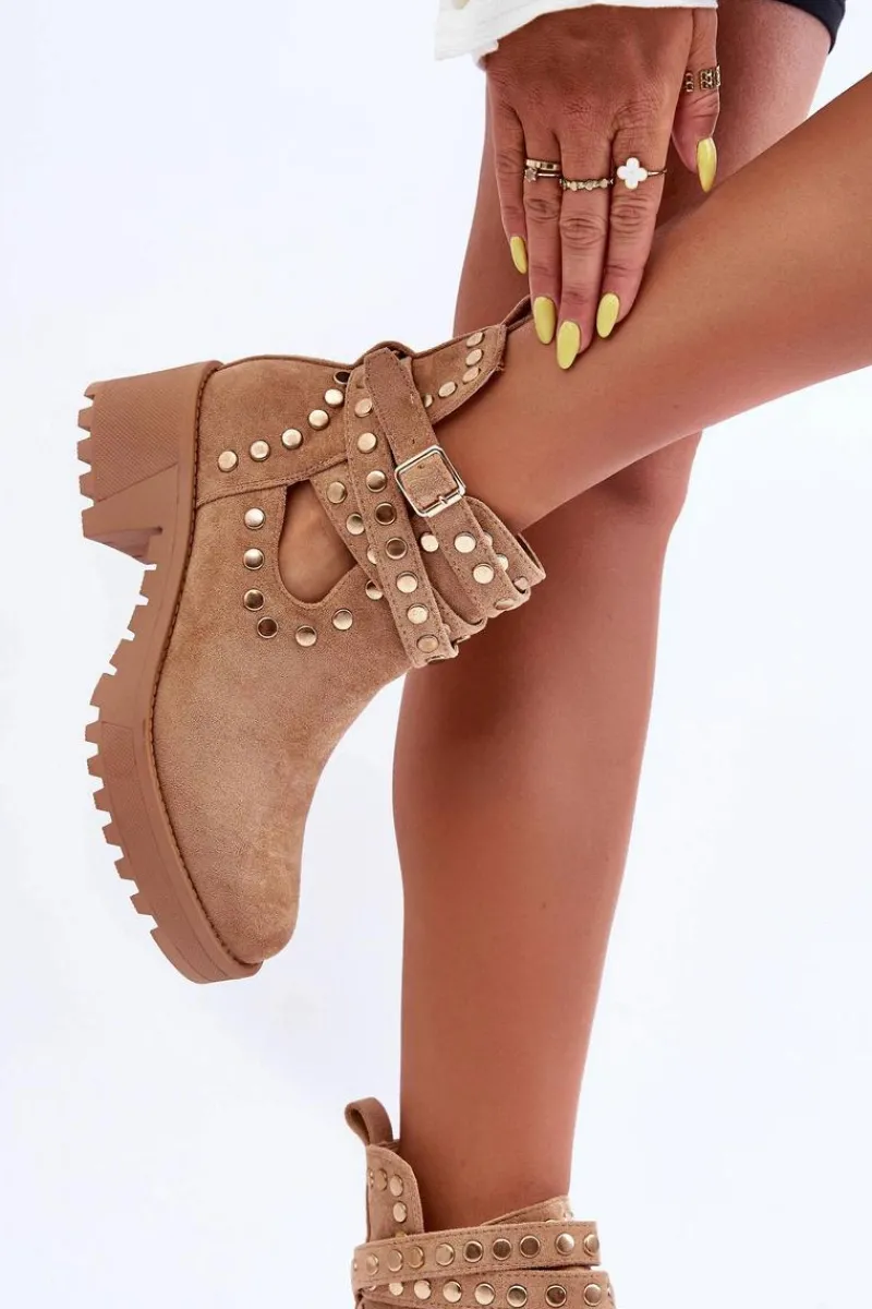 Botki Wiosenne|Brązowe I Beżowe Botki>Boto Zamszowe Damskie Botki Z Ozdobnymi Ćwiekami Beżowe Bella