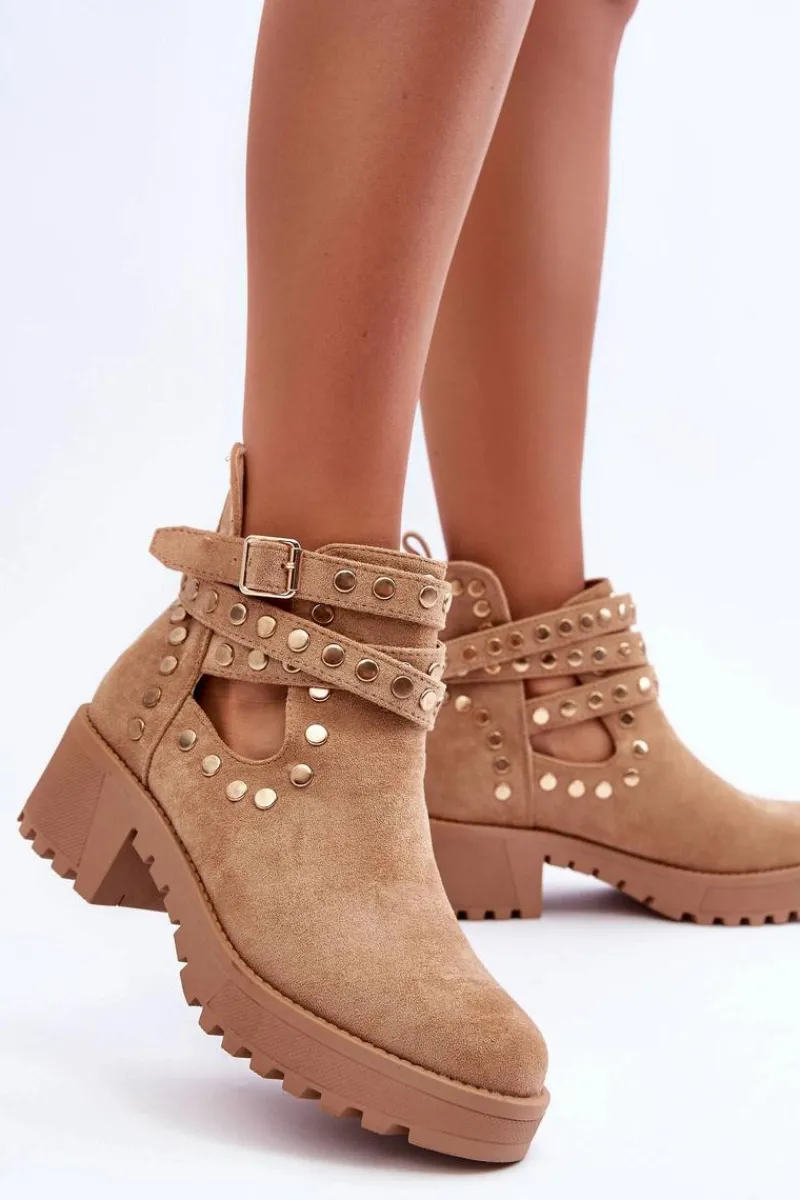 Botki Wiosenne|Brązowe I Beżowe Botki>Boto Zamszowe Damskie Botki Z Ozdobnymi Ćwiekami Beżowe Bella