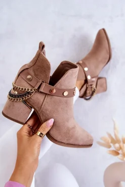 Online Boto Zamszowe Damskie Botki Z Łańcuszkami Ciemnobeżowe Tracy