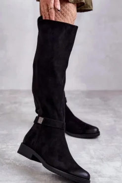 Hot Buty damskie Vinceza Zamszowe Damskie Kozaki Na Płaskim Obcasie Czarne Henrike