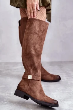 Clearance Zamszowe Damskie Kozaki Na Płaskim Obcasie Brązowe Henrike Damskie Kozaki Przed Kolano|Kozaki Zamszowe