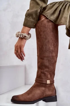 Clearance Zamszowe Damskie Kozaki Na Płaskim Obcasie Brązowe Henrike Damskie Kozaki Przed Kolano|Kozaki Zamszowe