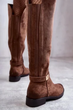Clearance Zamszowe Damskie Kozaki Na Płaskim Obcasie Brązowe Henrike Damskie Kozaki Przed Kolano|Kozaki Zamszowe