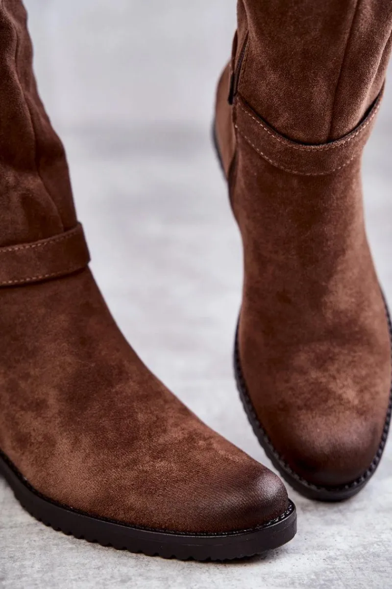 Clearance Zamszowe Damskie Kozaki Na Płaskim Obcasie Brązowe Henrike Damskie Kozaki Przed Kolano|Kozaki Zamszowe