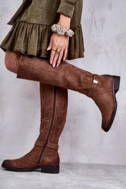Clearance Zamszowe Damskie Kozaki Na Płaskim Obcasie Brązowe Henrike Damskie Kozaki Przed Kolano|Kozaki Zamszowe