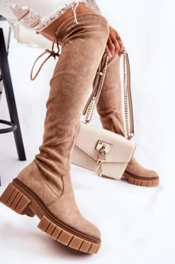 Online Boto Zamszowe Damskie Kozaki Za Kolano Beżowe Cheera