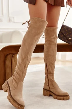 Online Boto Zamszowe Damskie Kozaki Za Kolano Beżowe Cheera