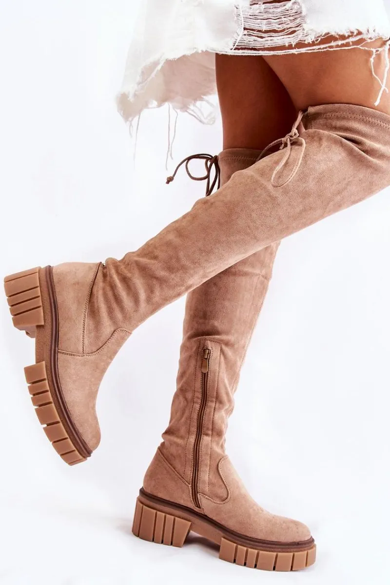 Online Boto Zamszowe Damskie Kozaki Za Kolano Beżowe Cheera