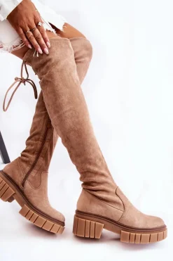 Online Boto Zamszowe Damskie Kozaki Za Kolano Beżowe Cheera