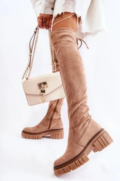 Online Boto Zamszowe Damskie Kozaki Za Kolano Beżowe Cheera