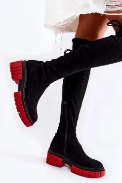 Best Zamszowe Damskie Kozaki Za Kolano Czarno-Czerwone Cheera Damskie Muszkieterki|Kozaki Wiosenne