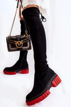 Best Zamszowe Damskie Kozaki Za Kolano Czarno-Czerwone Cheera Damskie Muszkieterki|Kozaki Wiosenne