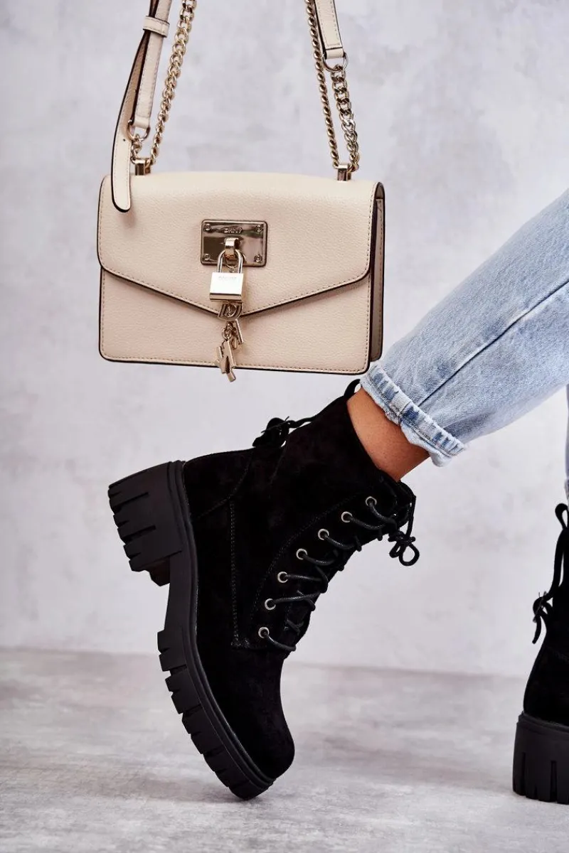 Best Zamszowe Damskie Ocieplane Botki Na Suwak Czarne Emilien Damskie Botki Sznurowane|Czarne Botki