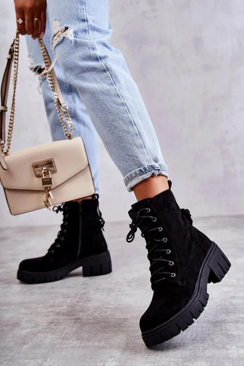 Best Zamszowe Damskie Ocieplane Botki Na Suwak Czarne Emilien Damskie Botki Sznurowane|Czarne Botki