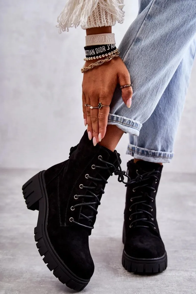 Best Zamszowe Damskie Ocieplane Botki Na Suwak Czarne Emilien Damskie Botki Sznurowane|Czarne Botki