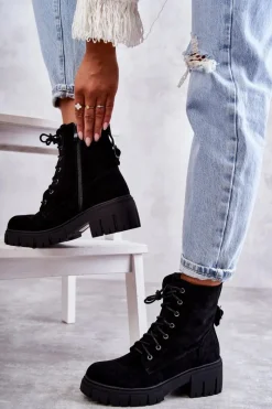 Best Zamszowe Damskie Ocieplane Botki Na Suwak Czarne Emilien Damskie Botki Sznurowane|Czarne Botki