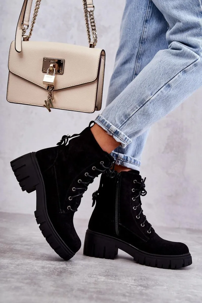 Best Zamszowe Damskie Ocieplane Botki Na Suwak Czarne Emilien Damskie Botki Sznurowane|Czarne Botki