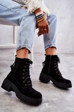 Best Zamszowe Damskie Ocieplane Botki Na Suwak Czarne Emilien Damskie Botki Sznurowane|Czarne Botki