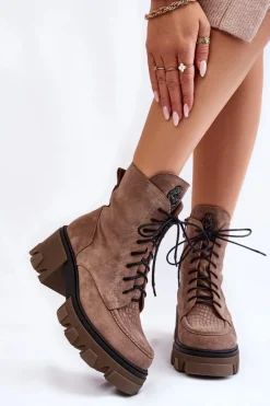 Damskie Trapery|Botki Sznurowane>Boto Zamszowe Damskie Ocieplane Botki Trapery Jasnobrązowe Lemar Rehin