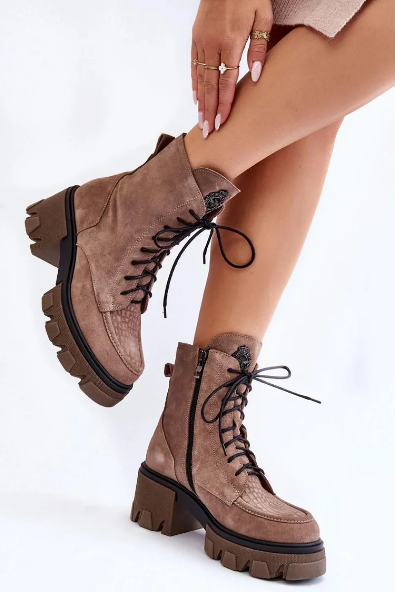 Damskie Trapery|Botki Sznurowane>Boto Zamszowe Damskie Ocieplane Botki Trapery Jasnobrązowe Lemar Rehin